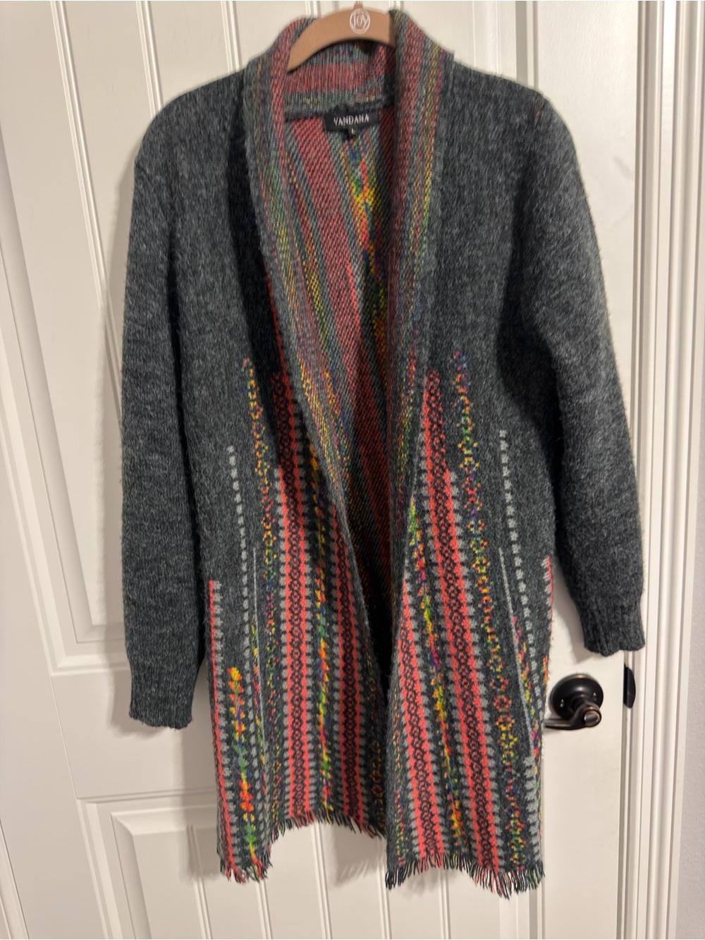Vandana Gray Aztec Print Open Cardigan w/Raw Hem. Women's Size L